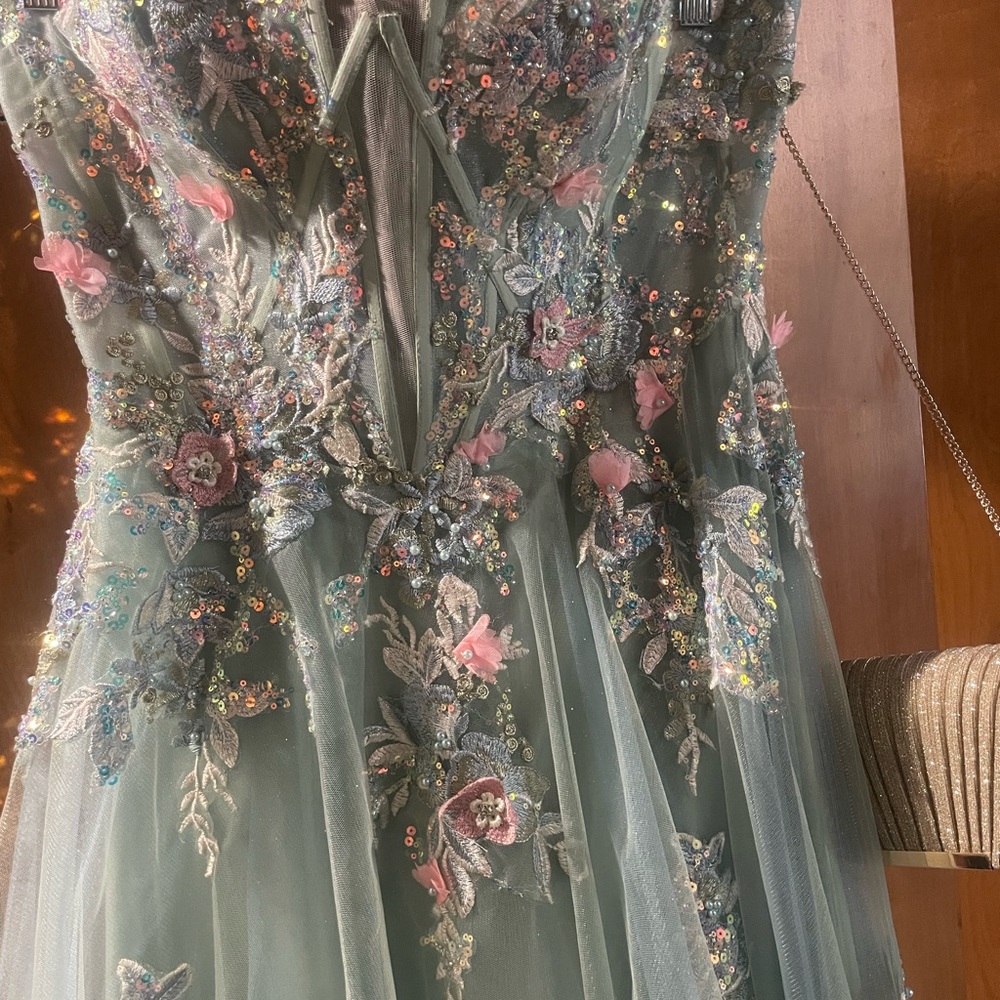 3D Floral Embroidered Off-The-Shoulder Gown in Green